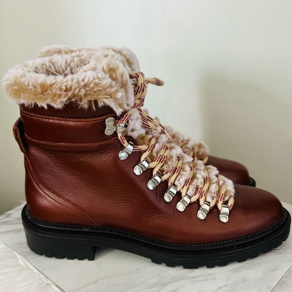 Zara Leather Lace Up Mountain Faux Fur Ankle Boots, Brown, Euro 38 (US 8), NWOT - Picture 6 of 15